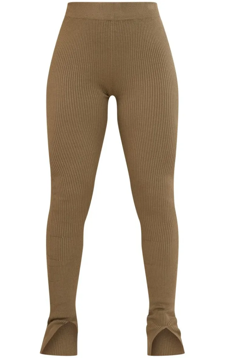 Online PrettyLittleThing Knitted Split Hem Flare Pants Khaki