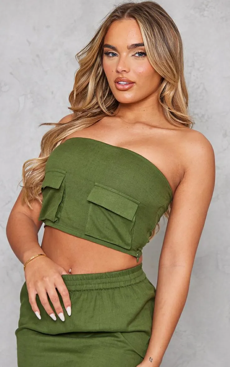 Clearance PrettyLittleThing Linen Look Cargo Pocket Bandeau Corset Khaki