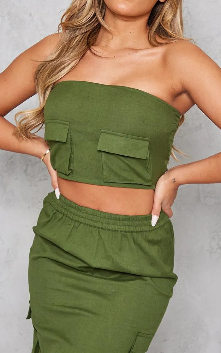 Clearance PrettyLittleThing Linen Look Cargo Pocket Bandeau Corset Khaki
