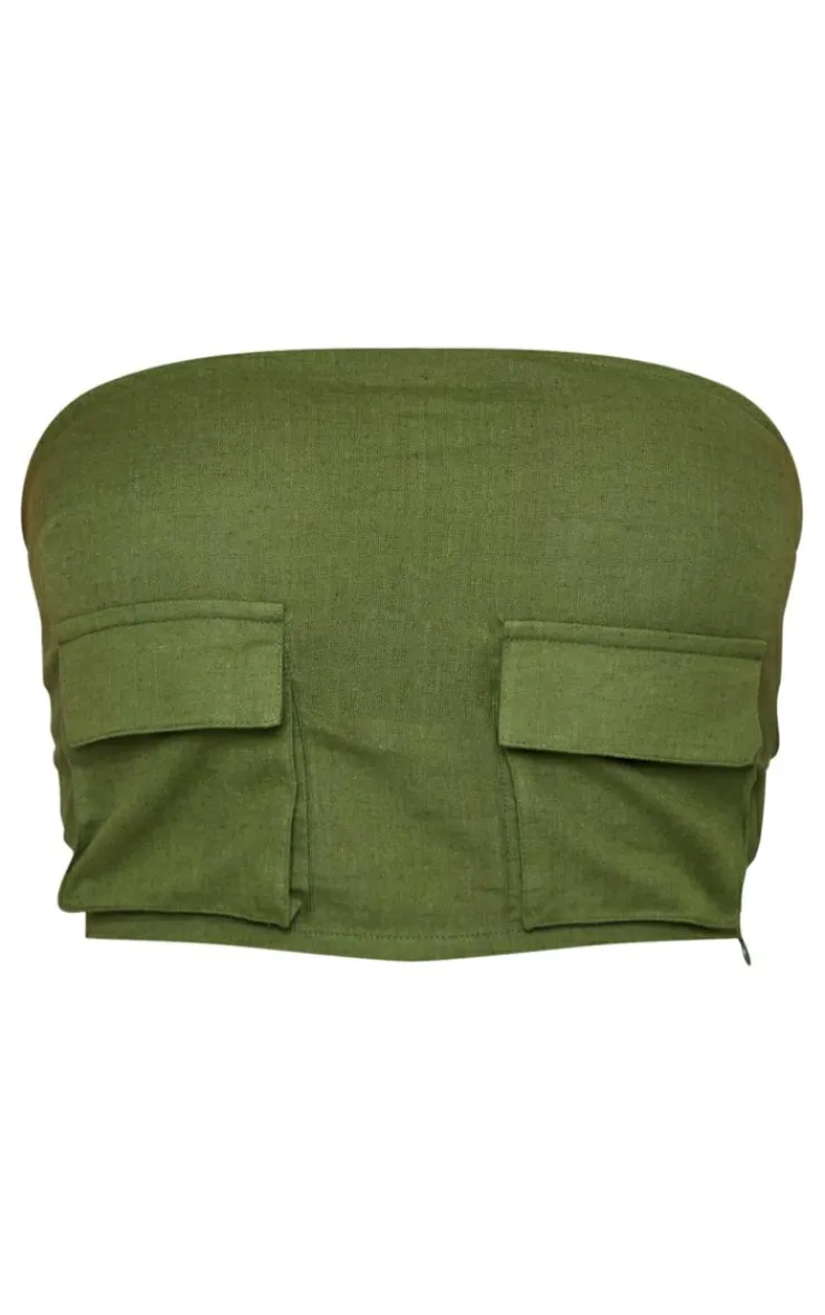 Clearance PrettyLittleThing Linen Look Cargo Pocket Bandeau Corset Khaki