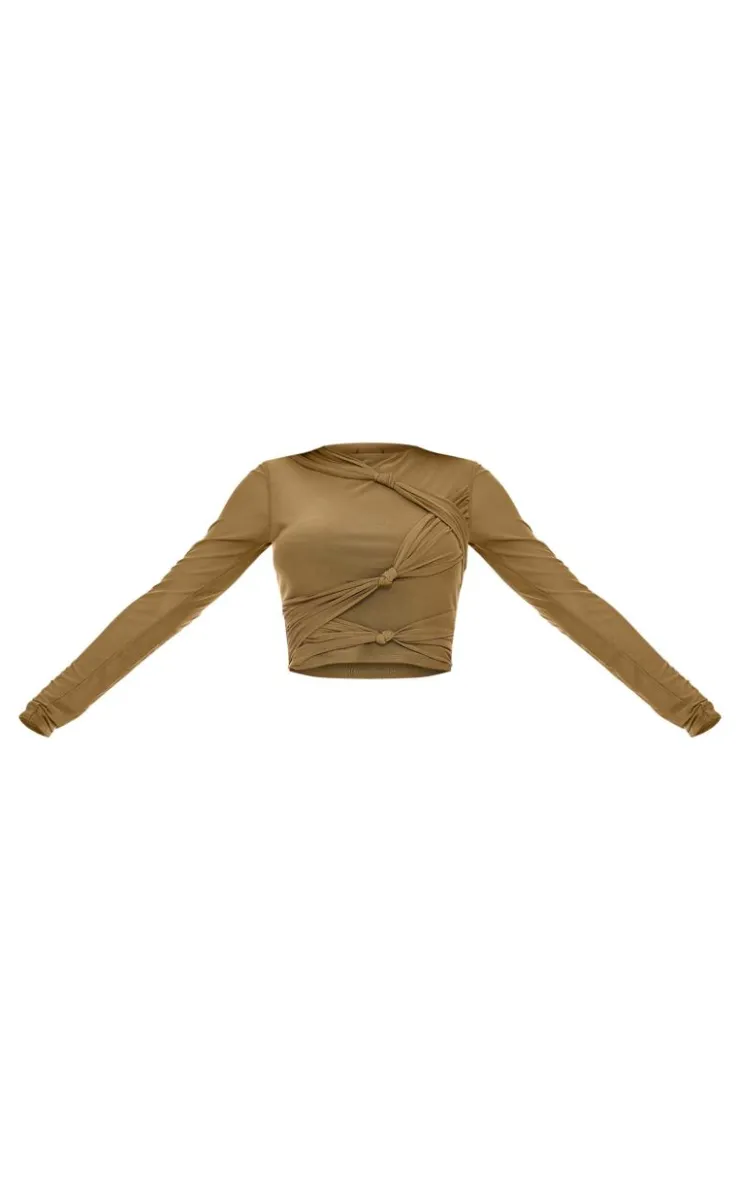 New PrettyLittleThing Mesh Long Sleeve Knot Detail Top Khaki