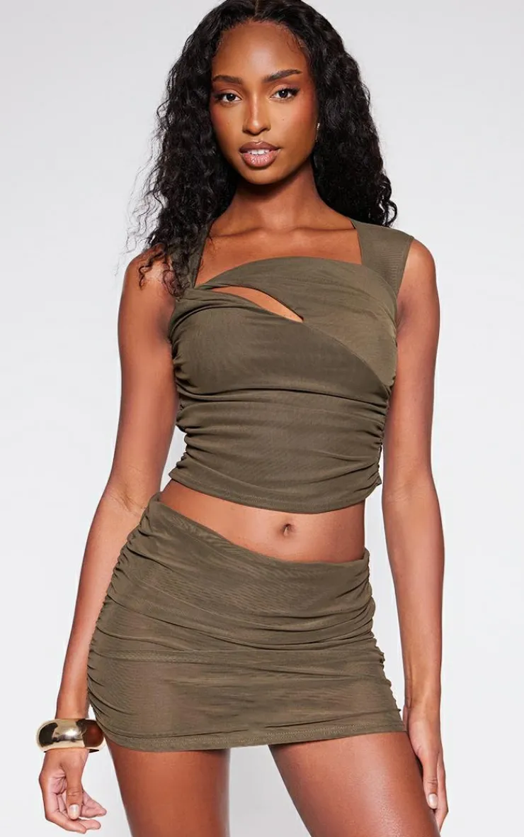 Clearance PrettyLittleThing Mesh Sheer Micro Mini Skirt Khaki