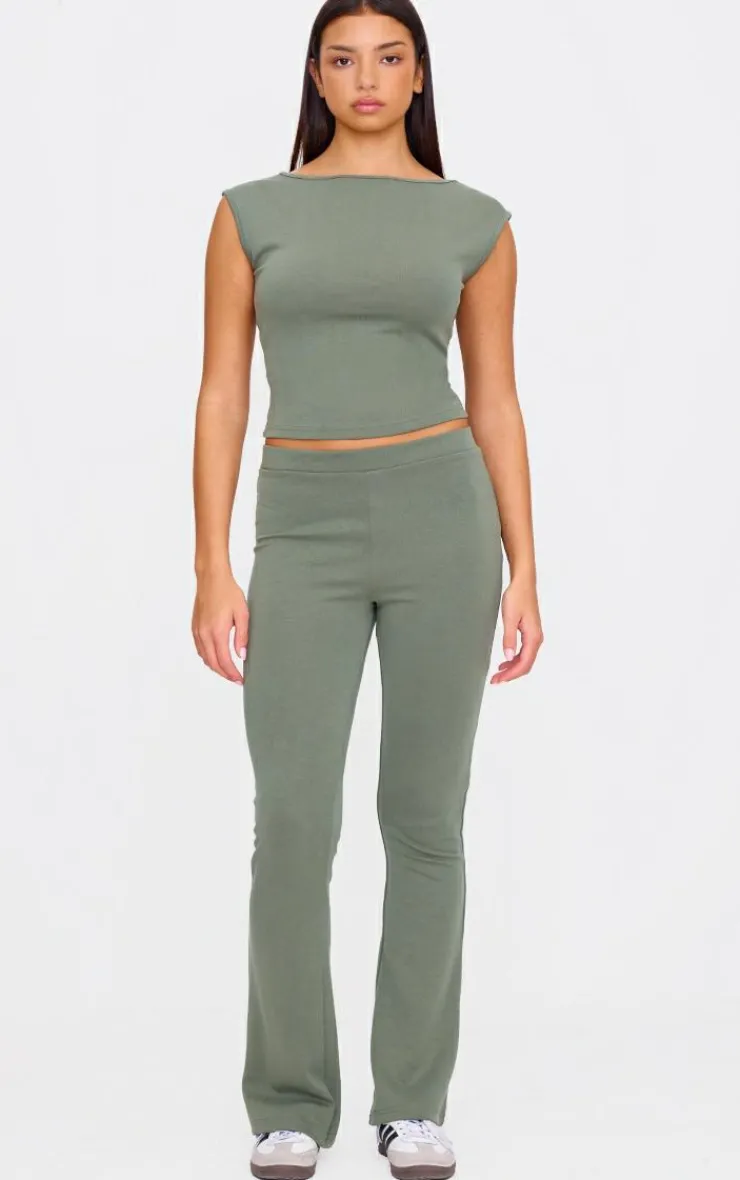 Clearance PrettyLittleThing Premium Soft Touch Boatneck Longline Top Khaki