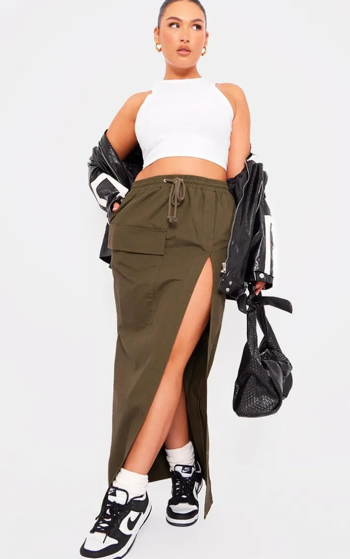 Khaki Ripstop Split Thigh Drawstring Waist Maxi Skirt