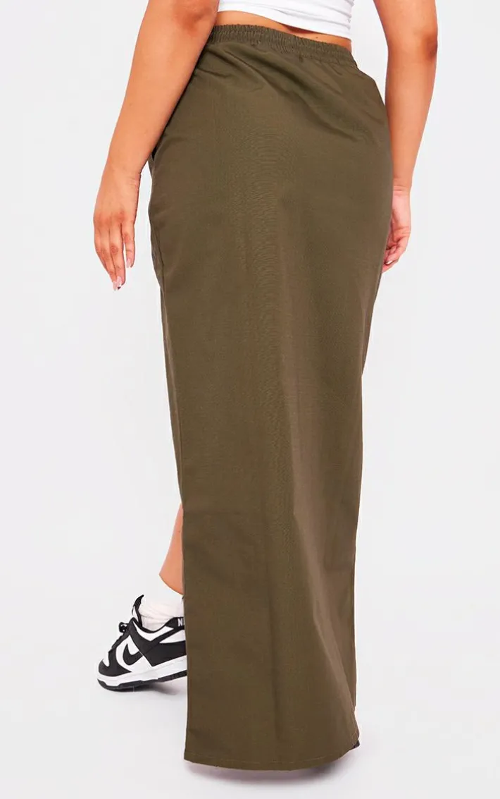 Khaki Ripstop Split Thigh Drawstring Waist Maxi Skirt