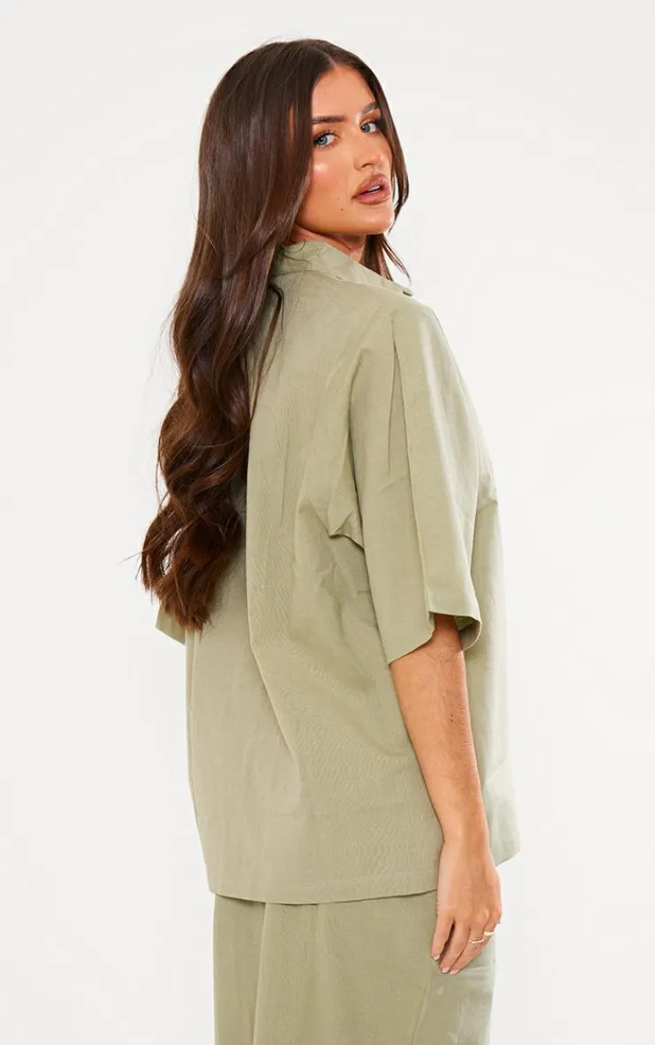 Outlet PrettyLittleThing Short Sleeve Oversized Linen Look Shirt Khaki