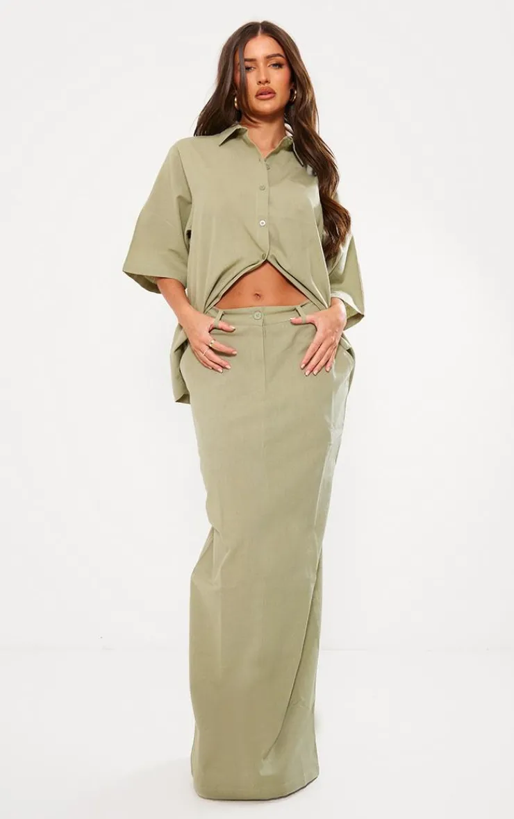 Outlet PrettyLittleThing Short Sleeve Oversized Linen Look Shirt Khaki