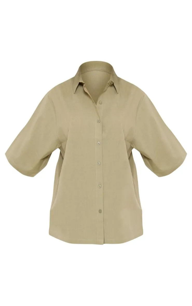 Outlet PrettyLittleThing Short Sleeve Oversized Linen Look Shirt Khaki