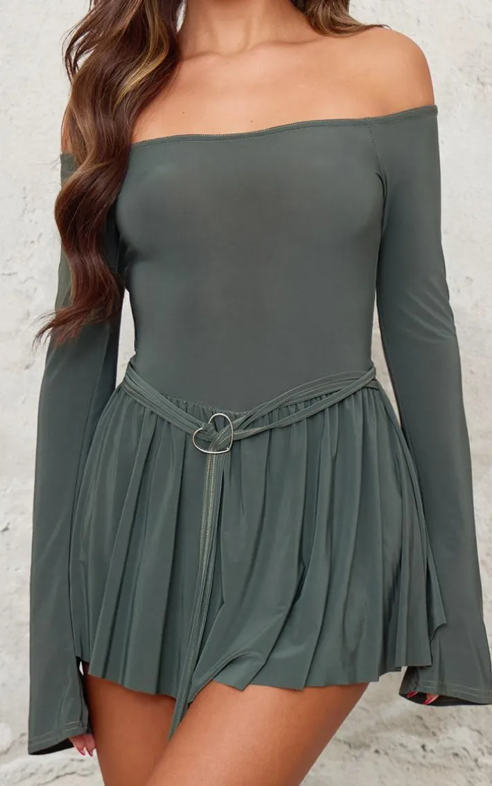 Khaki Slinky Bardot Long Sleeve Heart Trim Romper