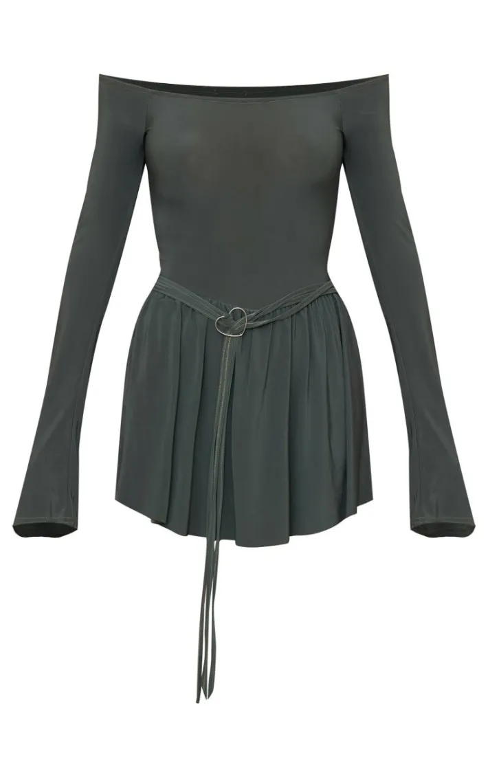 Khaki Slinky Bardot Long Sleeve Heart Trim Romper