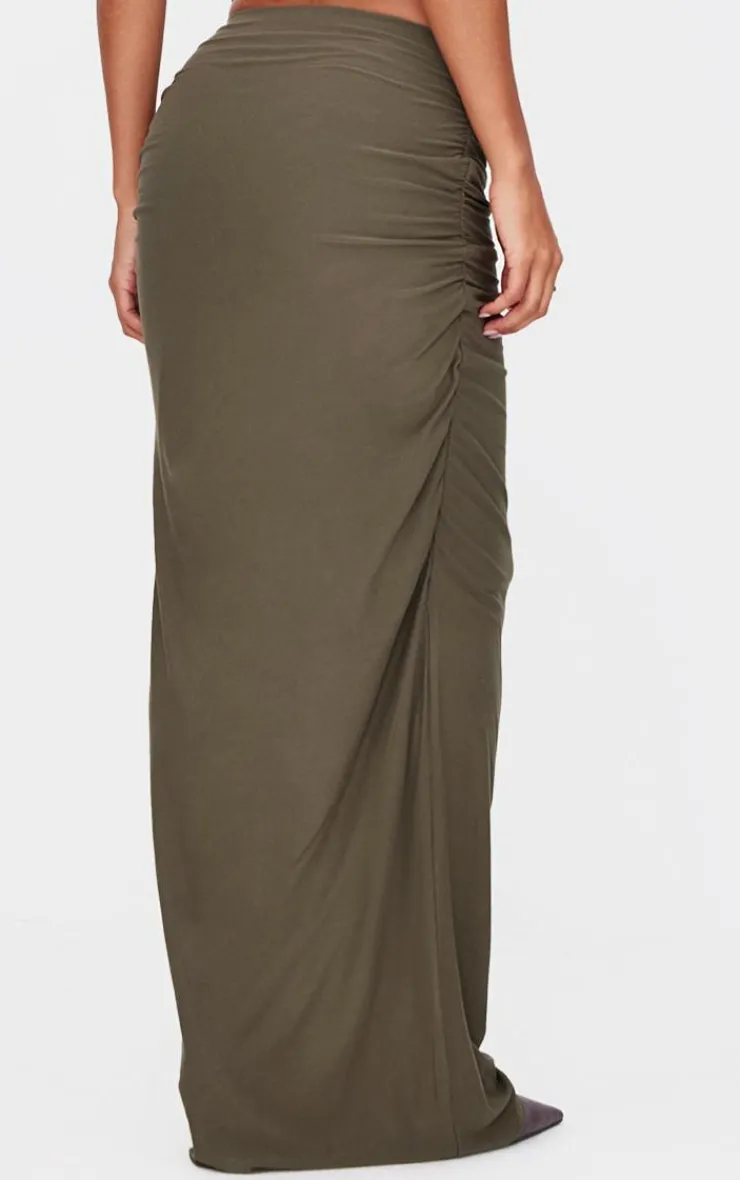Online PrettyLittleThing Soft Touch Ruched Maxi Skirt Khaki
