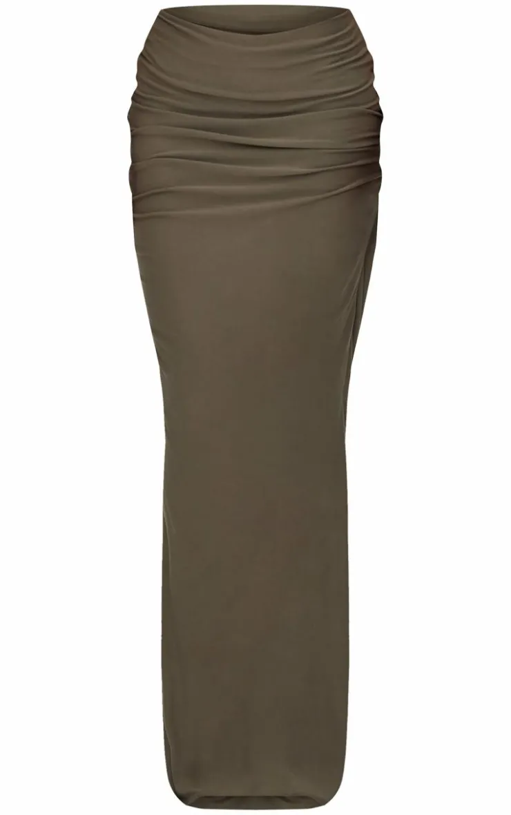 Online PrettyLittleThing Soft Touch Ruched Maxi Skirt Khaki
