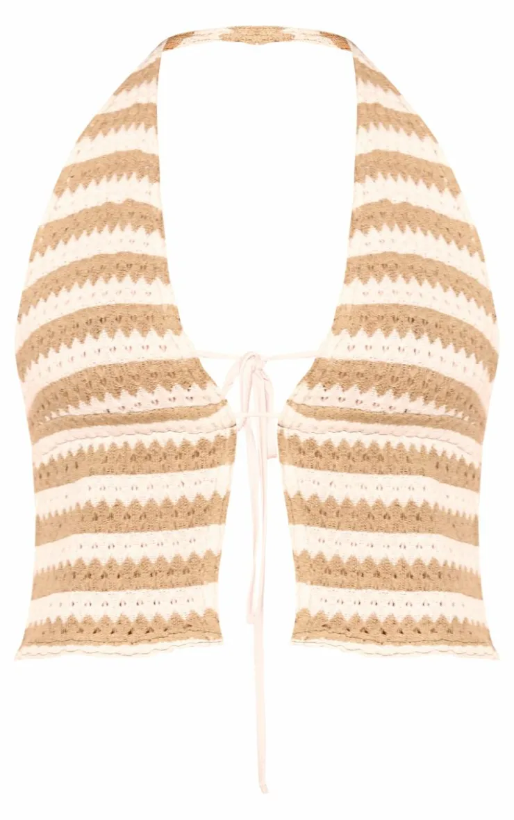 Discount PrettyLittleThing Stripe Textured Tie Front Bralet Khaki