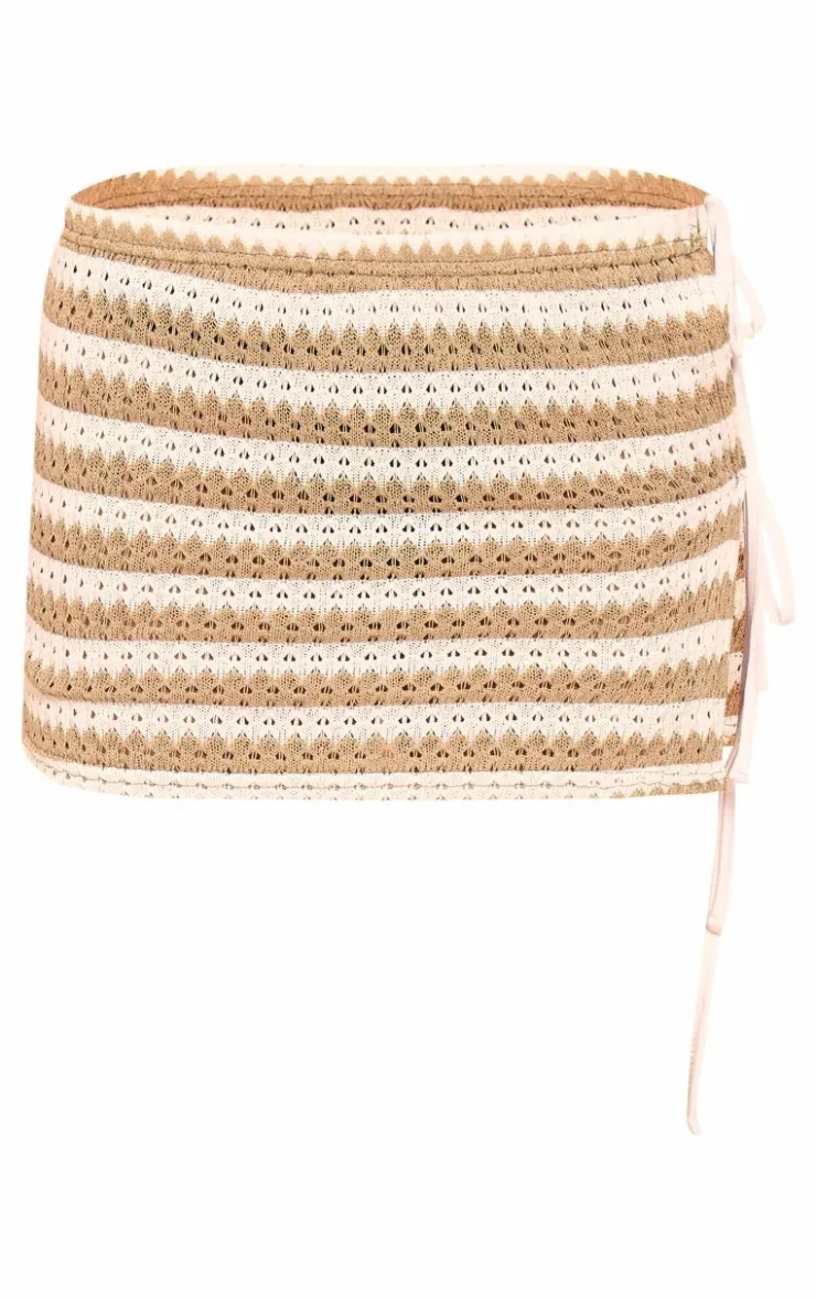 Online PrettyLittleThing Stripe Textured Tie Side Mini Skirt Khaki