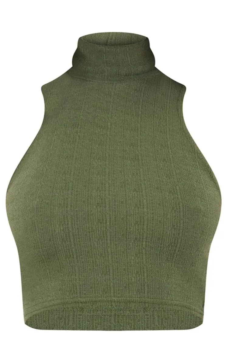 Online PrettyLittleThing Textured Jersey High Neck Racer Crop Top Khaki