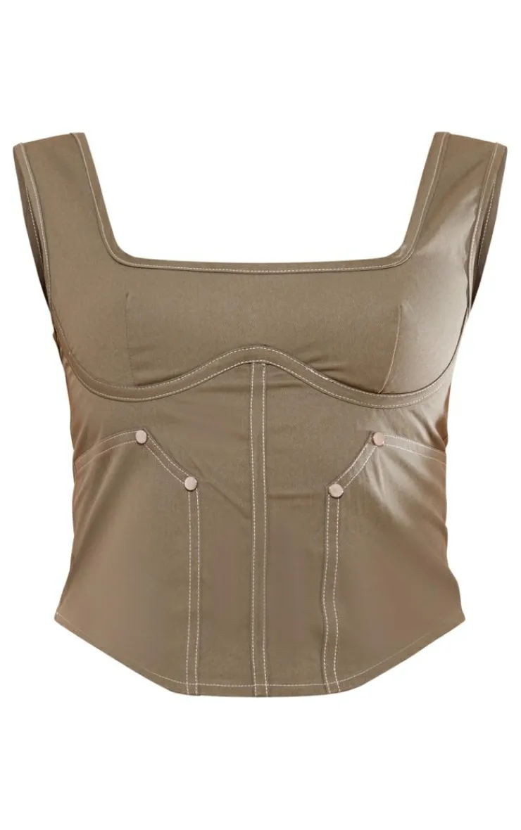 Discount PrettyLittleThing Twill Contrast Seam Structured Cargo Corset Khaki