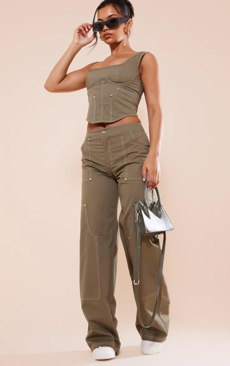 Online PrettyLittleThing Twill Contrast Seam Straight Leg Cargo Pants Khaki