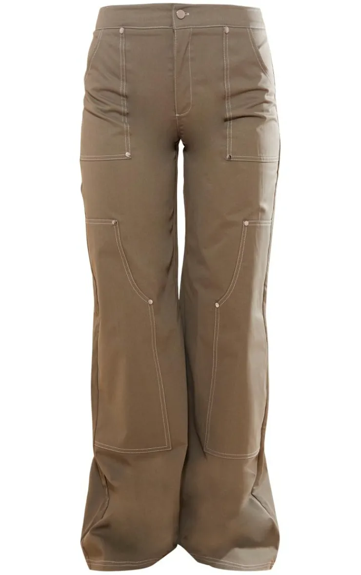 Online PrettyLittleThing Twill Contrast Seam Straight Leg Cargo Pants Khaki