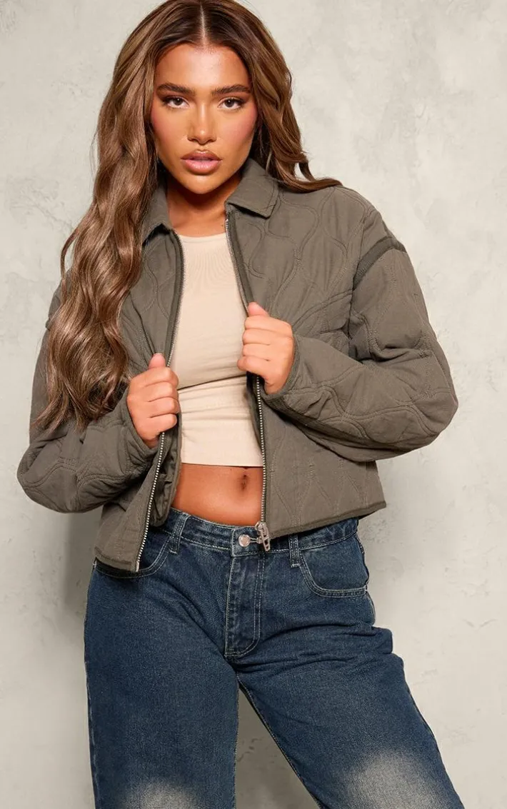 Khaki Wave Texture Zip Up Oversized Jacket