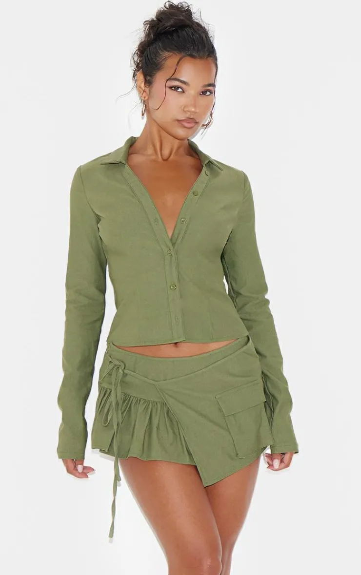 New PrettyLittleThing Woven Long Sleeve Cargo Shirt Khaki