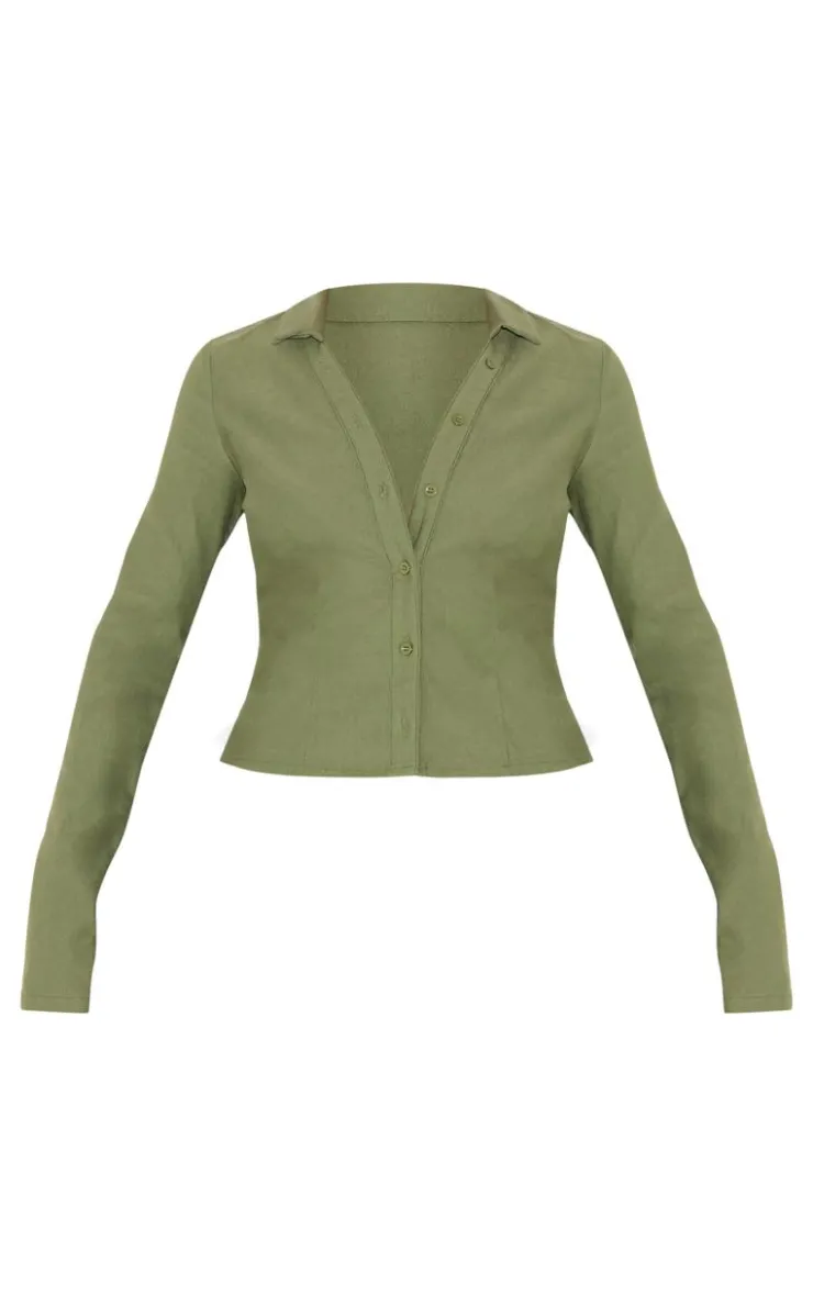 New PrettyLittleThing Woven Long Sleeve Cargo Shirt Khaki