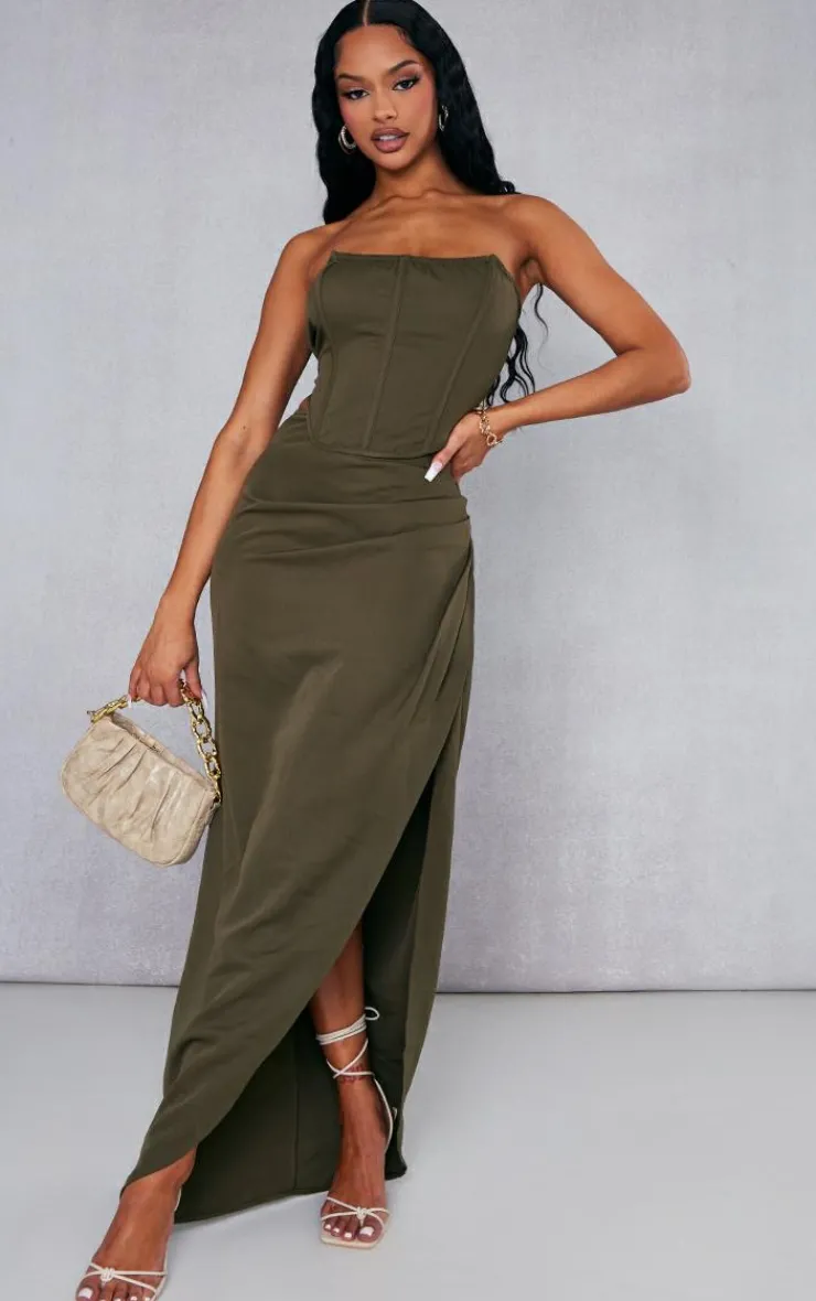 Discount PrettyLittleThing Woven Ruched Midaxi Skirt Khaki