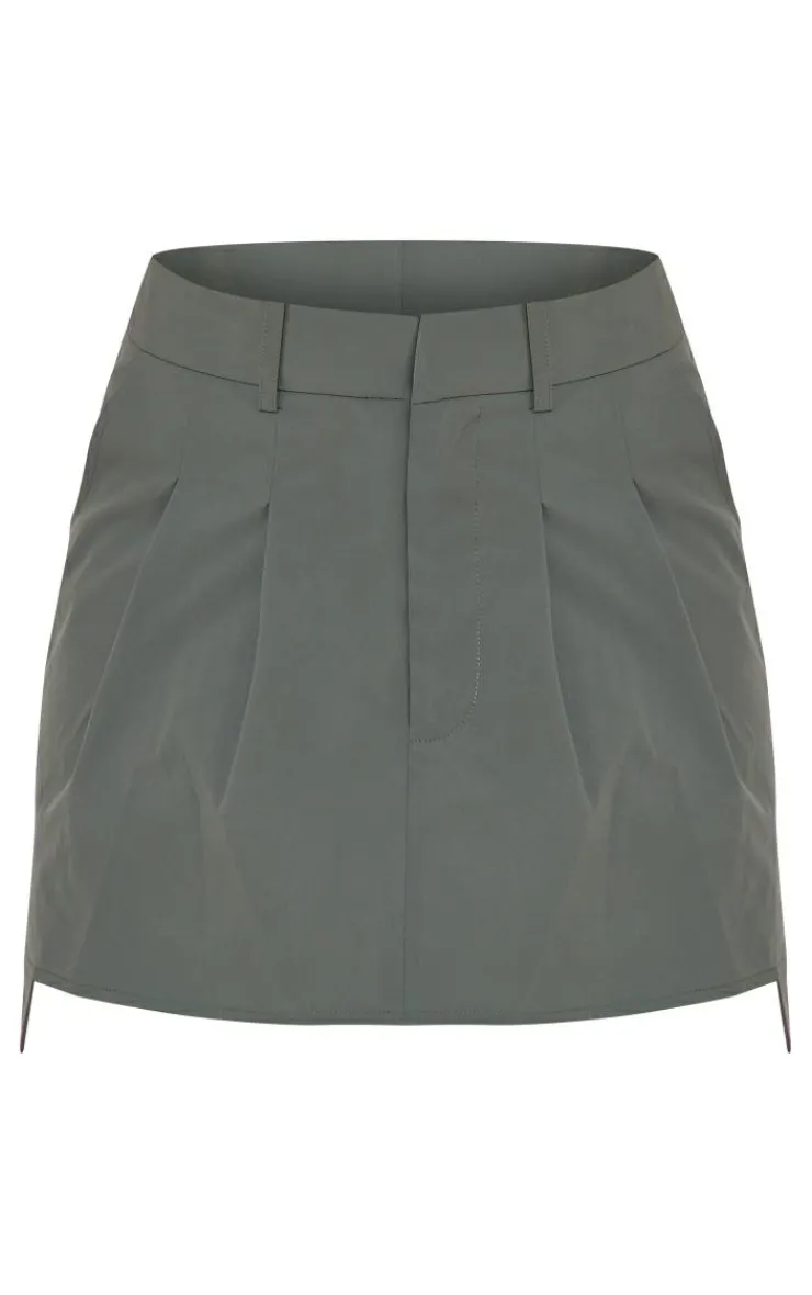 Clearance PrettyLittleThing Woven Utility Pleated Detail Tailored Skater Skirt Khaki