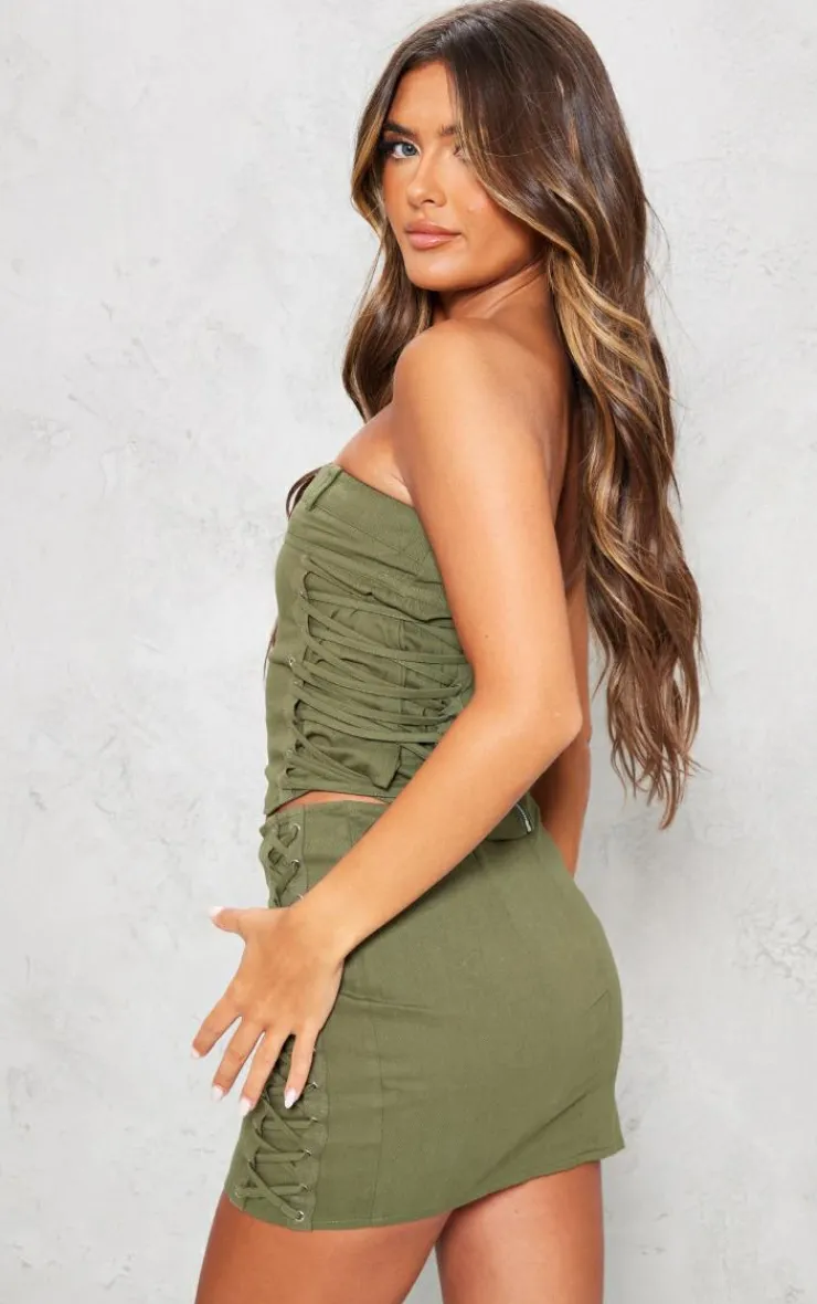 Discount PrettyLittleThing Woven Waistband Detail Lace Up Side Corset Khaki