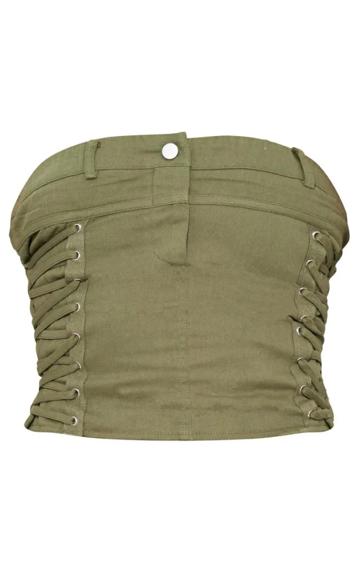 Discount PrettyLittleThing Woven Waistband Detail Lace Up Side Corset Khaki