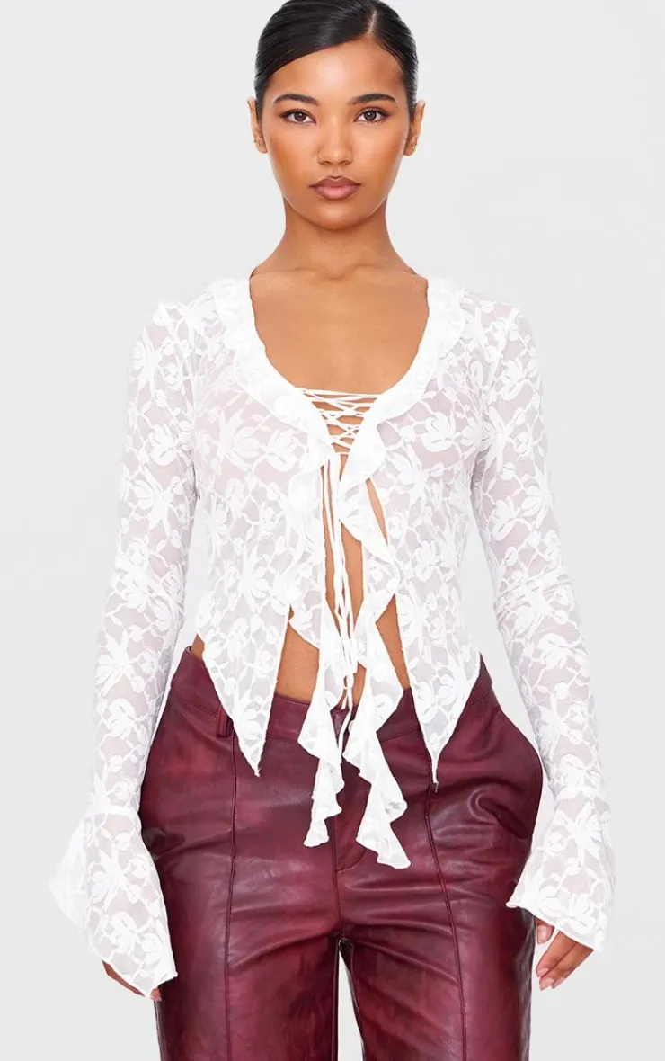 Lace Tie Front Ruffle Blouse-PrettyLittleThing Hot