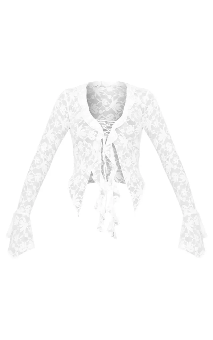 Lace Tie Front Ruffle Blouse-PrettyLittleThing Hot