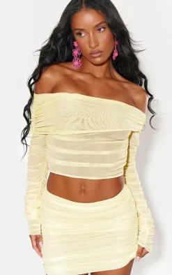 Online PrettyLittleThing Mesh Ruched Bardot Long Sleeve Top Lemon