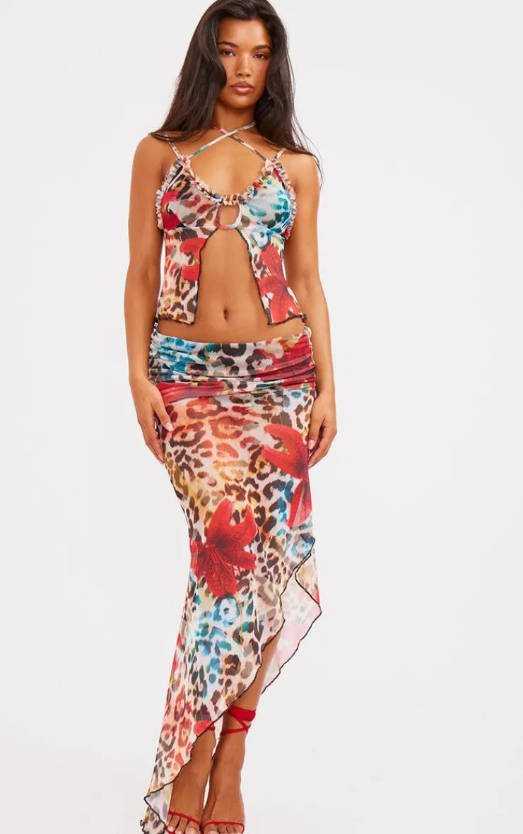 Discount PrettyLittleThing Floral Print Mesh Ruffle Hem Top Leopard