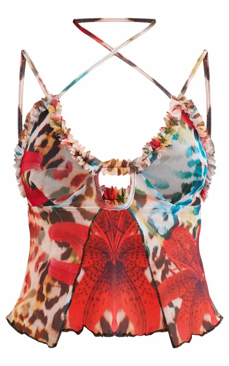 Discount PrettyLittleThing Floral Print Mesh Ruffle Hem Top Leopard