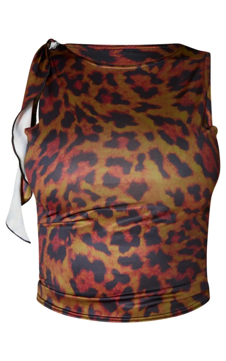 Hot PrettyLittleThing Print Slinky Ruffle Detail Top Leopard