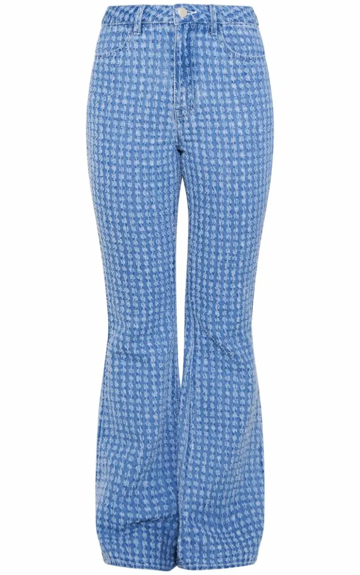 Outlet PrettyLittleThing Distressed Stripe Denim Flare Jeans Light Blue