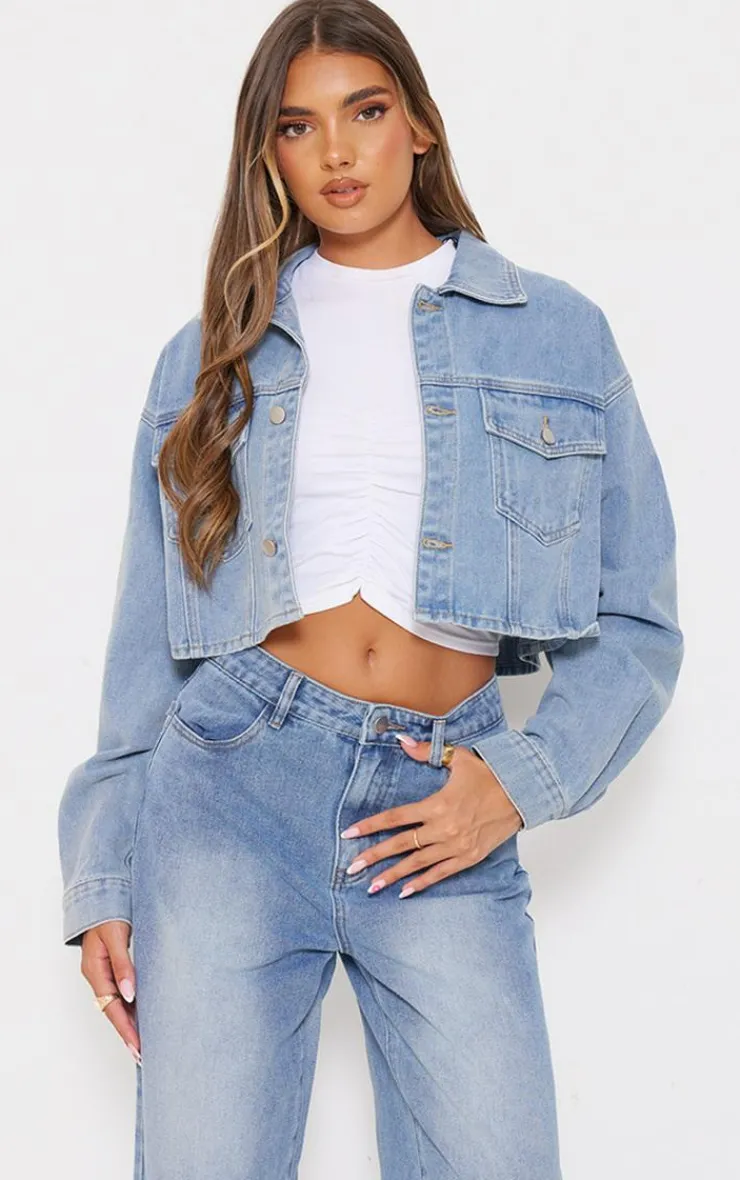 Clearance PrettyLittleThing Pocket Detail Cropped Denim Jacket Light Blue