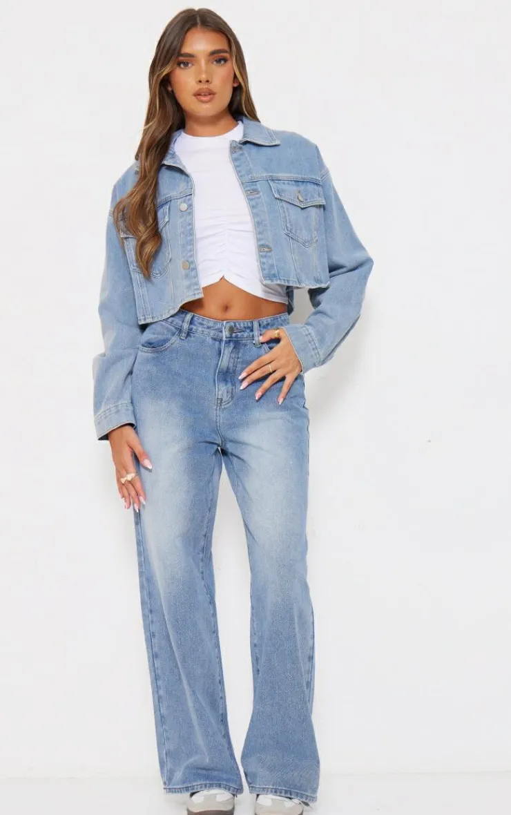 Clearance PrettyLittleThing Pocket Detail Cropped Denim Jacket Light Blue