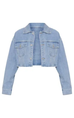 Clearance PrettyLittleThing Pocket Detail Cropped Denim Jacket Light Blue
