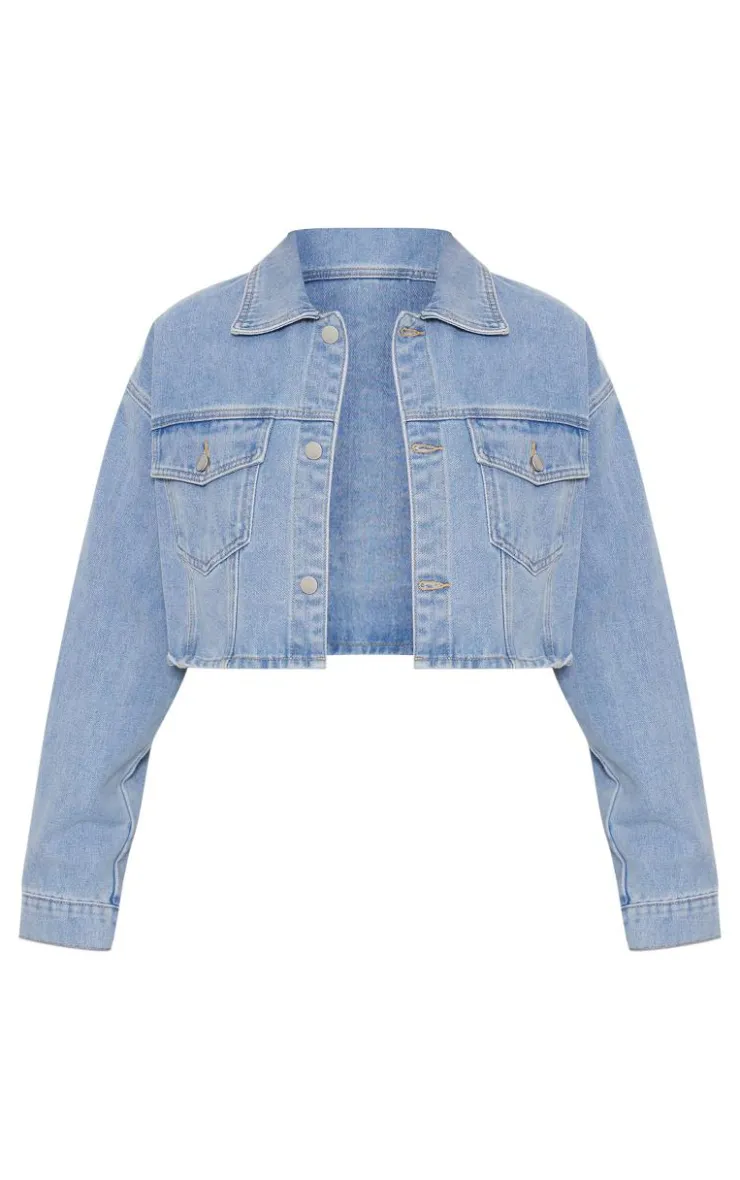 Clearance PrettyLittleThing Pocket Detail Cropped Denim Jacket Light Blue