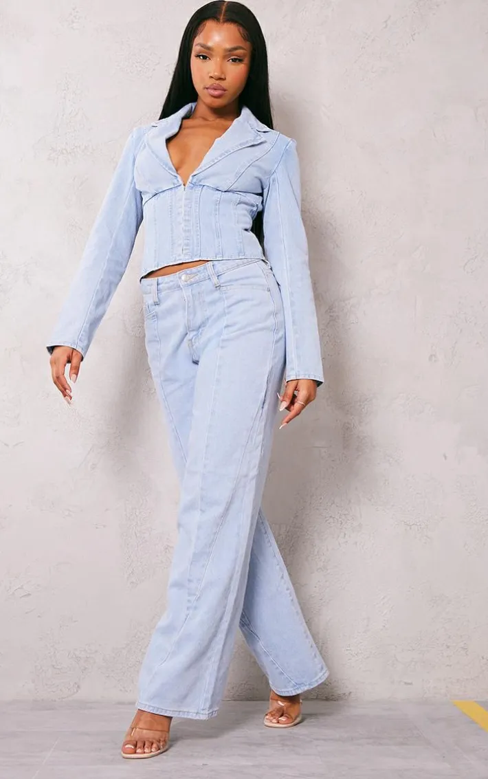 Light Blue Wash Corset Detail Cropped Denim Jacket