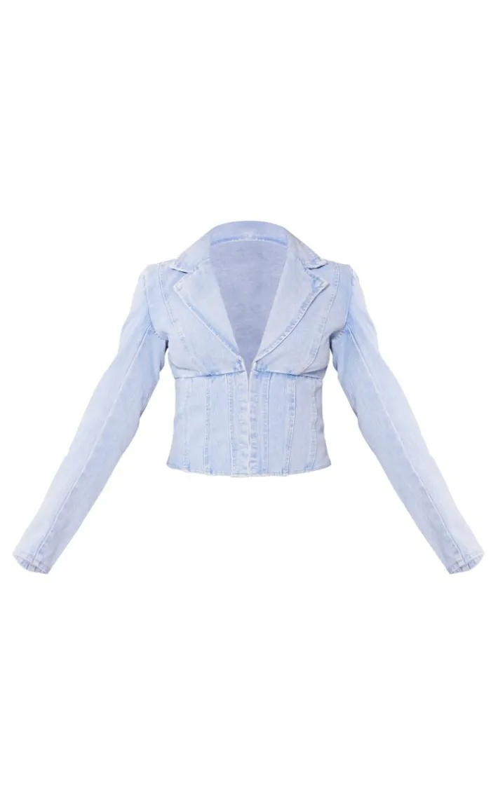 Light Blue Wash Corset Detail Cropped Denim Jacket
