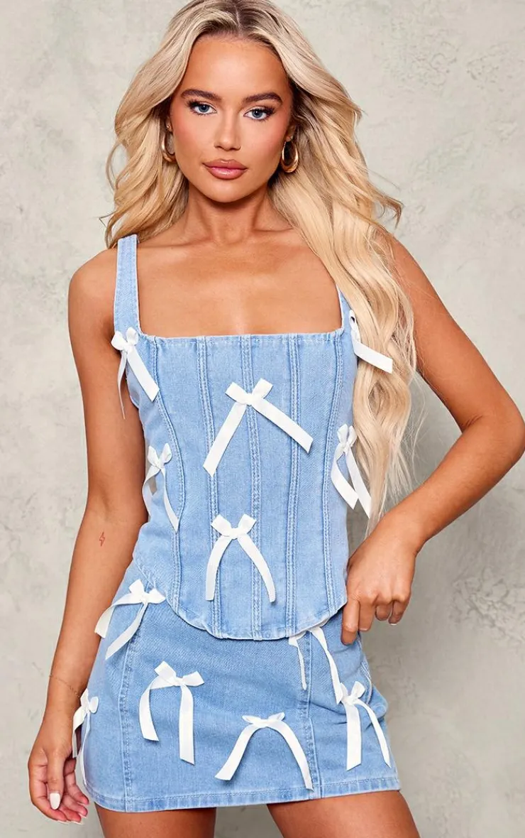 Clearance PrettyLittleThing Denim Bow Ribbon Applique Corset Light Blue Wash