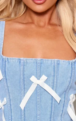 Clearance PrettyLittleThing Denim Bow Ribbon Applique Corset Light Blue Wash
