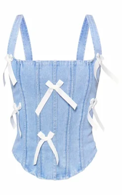 Clearance PrettyLittleThing Denim Bow Ribbon Applique Corset Light Blue Wash