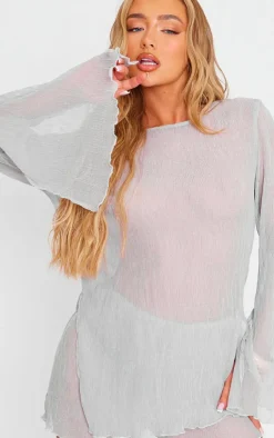 Discount PrettyLittleThing Sheer Textured Hot Pants Light Grey