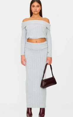 Online PrettyLittleThing Light Grey Soft Rib Fold Over Maxi Skirt Moss Grey