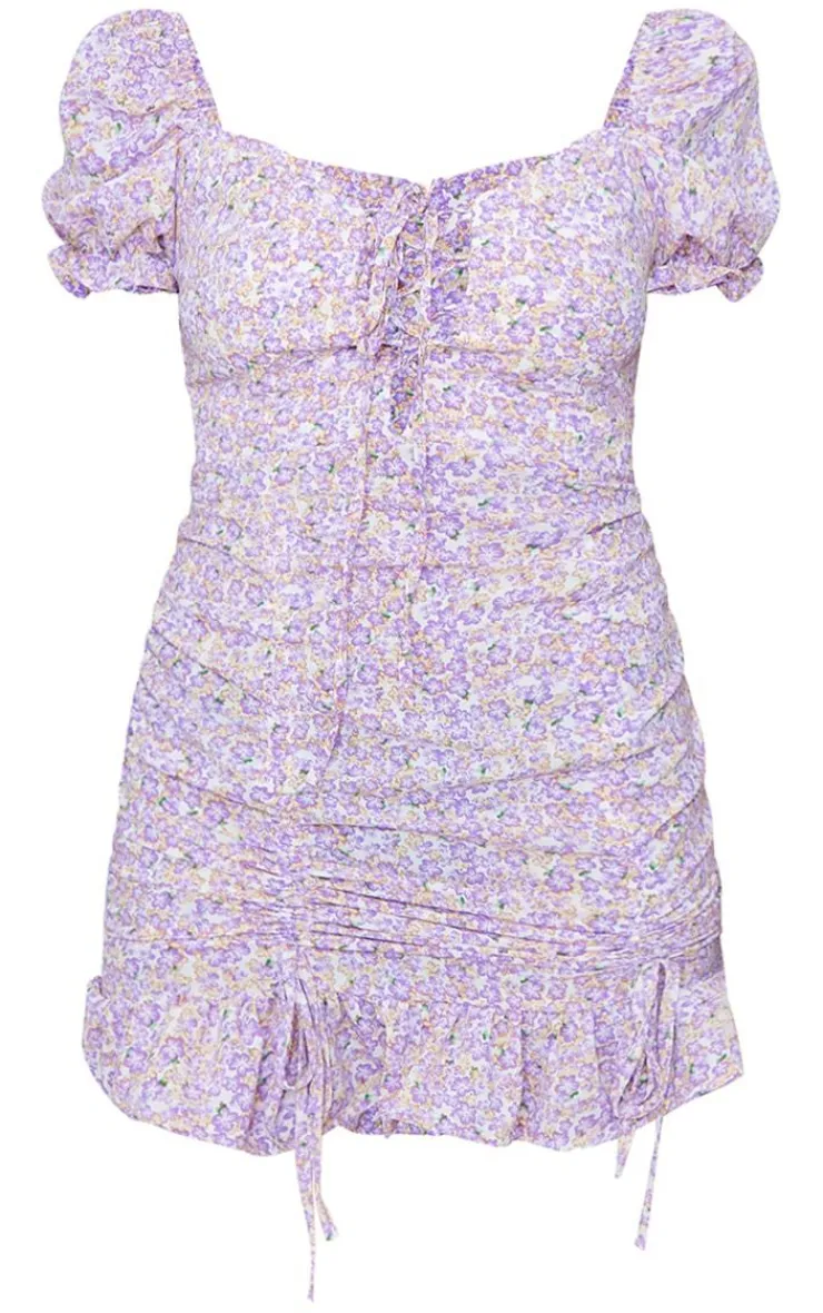 Ditsy Floral Print Ruched Puff Sleeve Bodycon Dress-PrettyLittleThing New