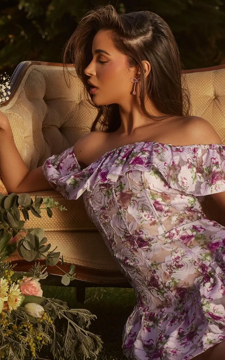 Floral Bardot Frill Bodycon Dress-PrettyLittleThing Outlet