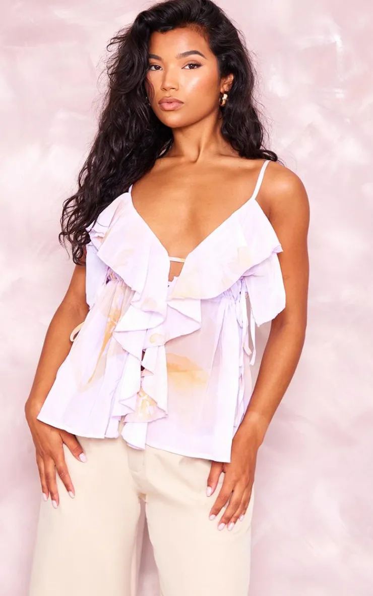 PrettyLittleThing Camisole*Floral Print Chiffon Frill Longline Cami Top